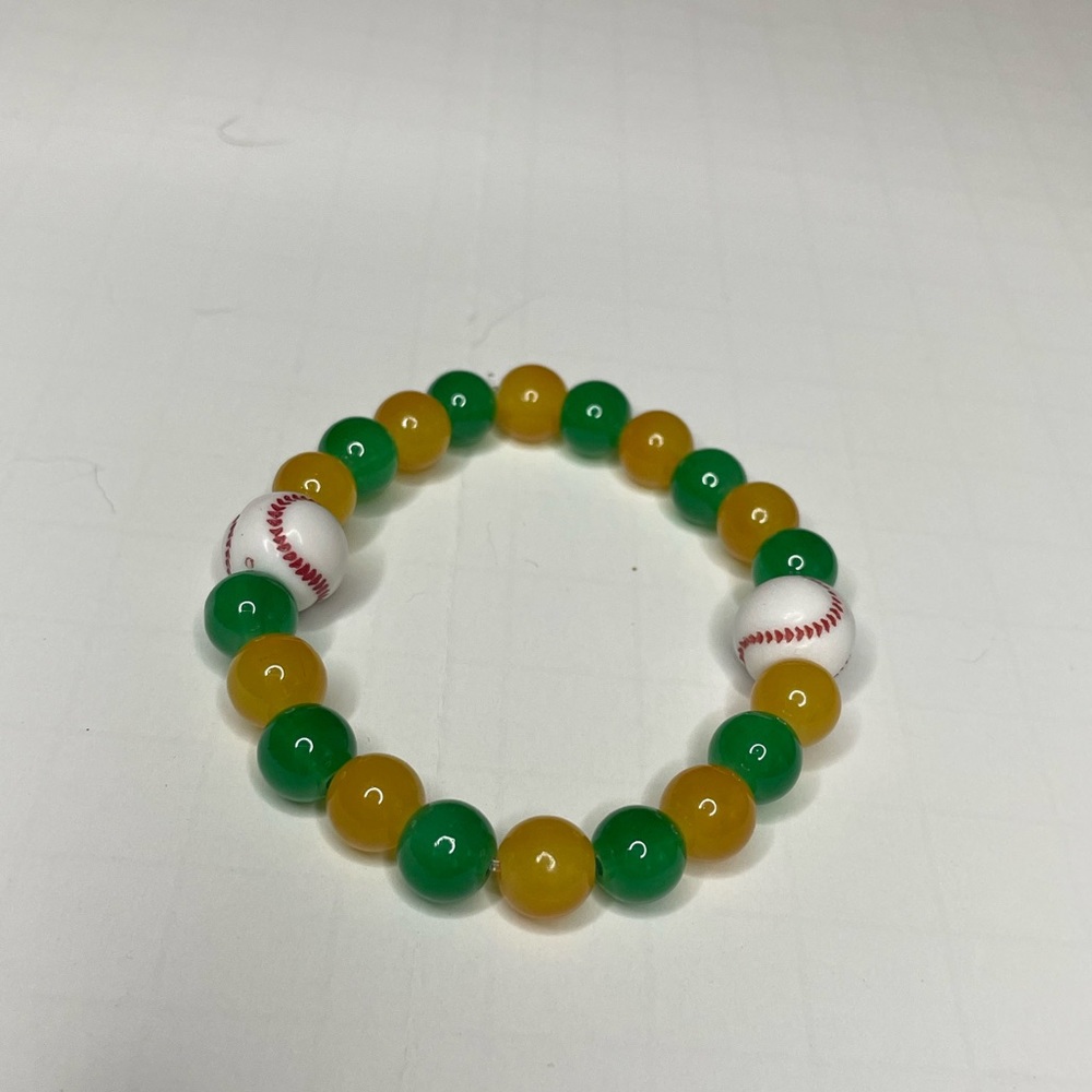 Handmade Elastic Green and Gold Baseball Bracelet